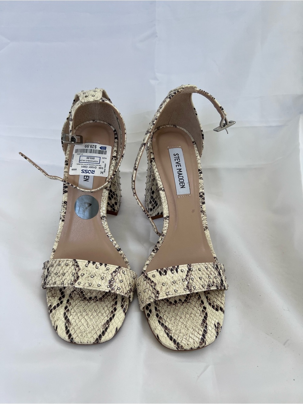 Steve Madden Cream and Brown Snake-Print Block Heel Sandals